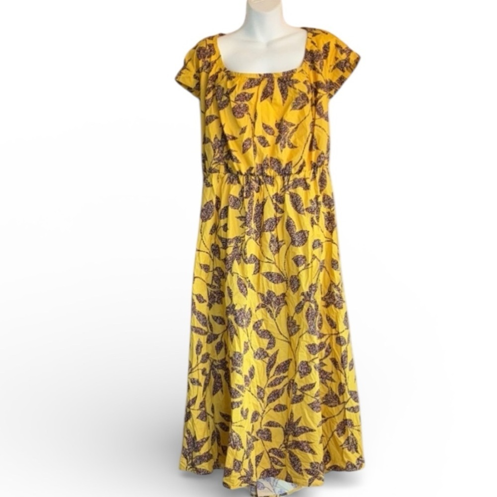 Eloquii Dress, pretty puff sleeve stretch waist, Floral, Yellow black red 26 NWT